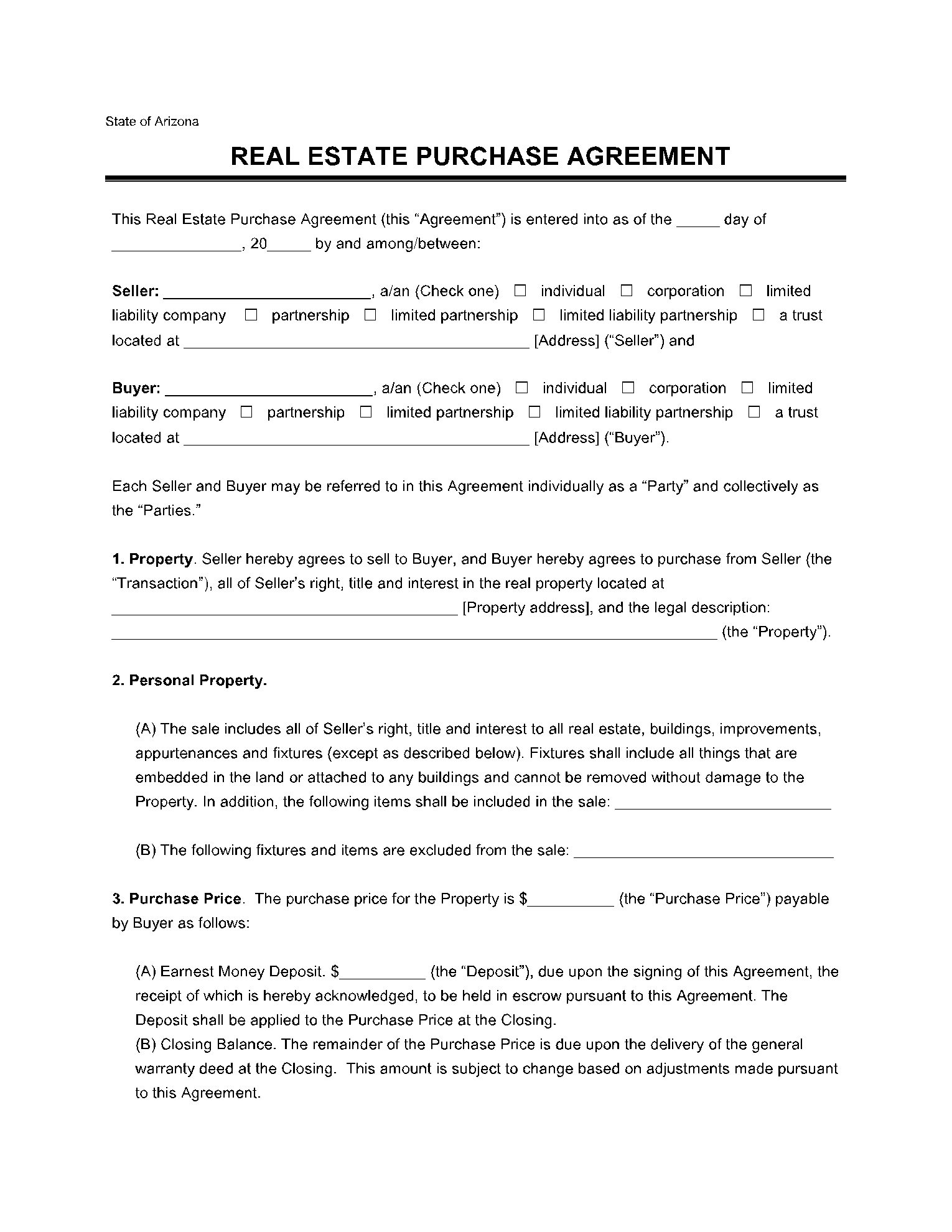 Arizona Real Estate Purchase Agreement