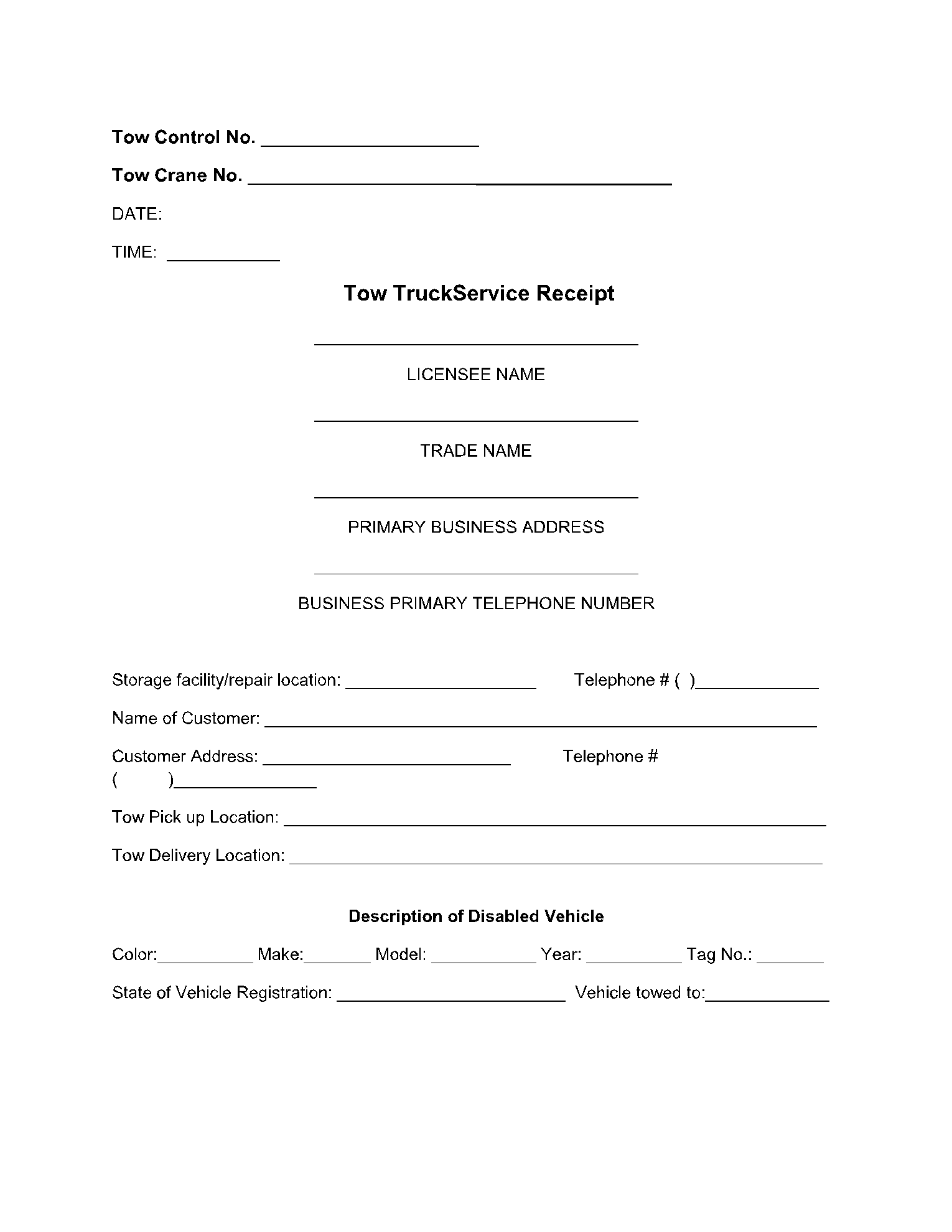 Car Towing Receipt Template