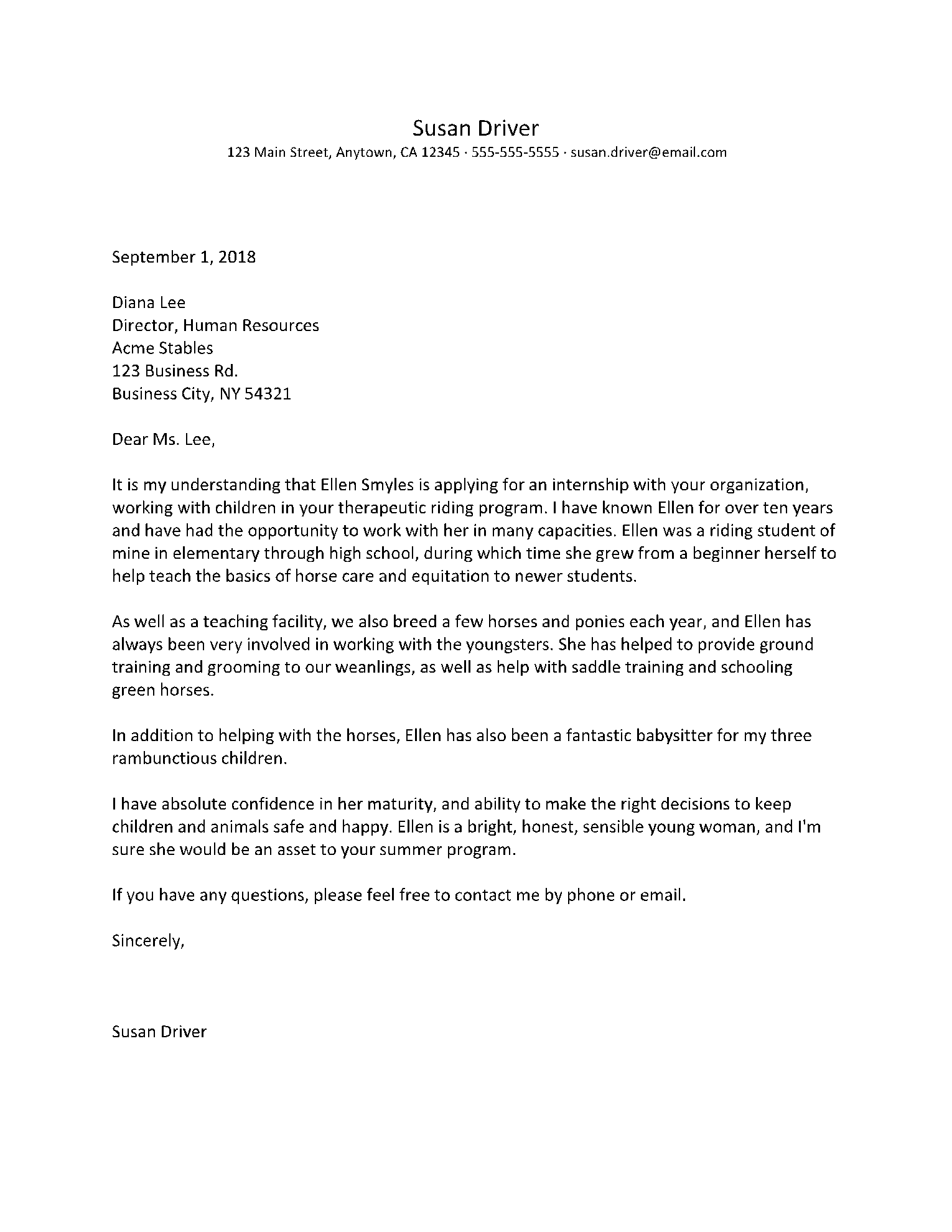 Sample Letter Of Recommendation For Internship From Employer