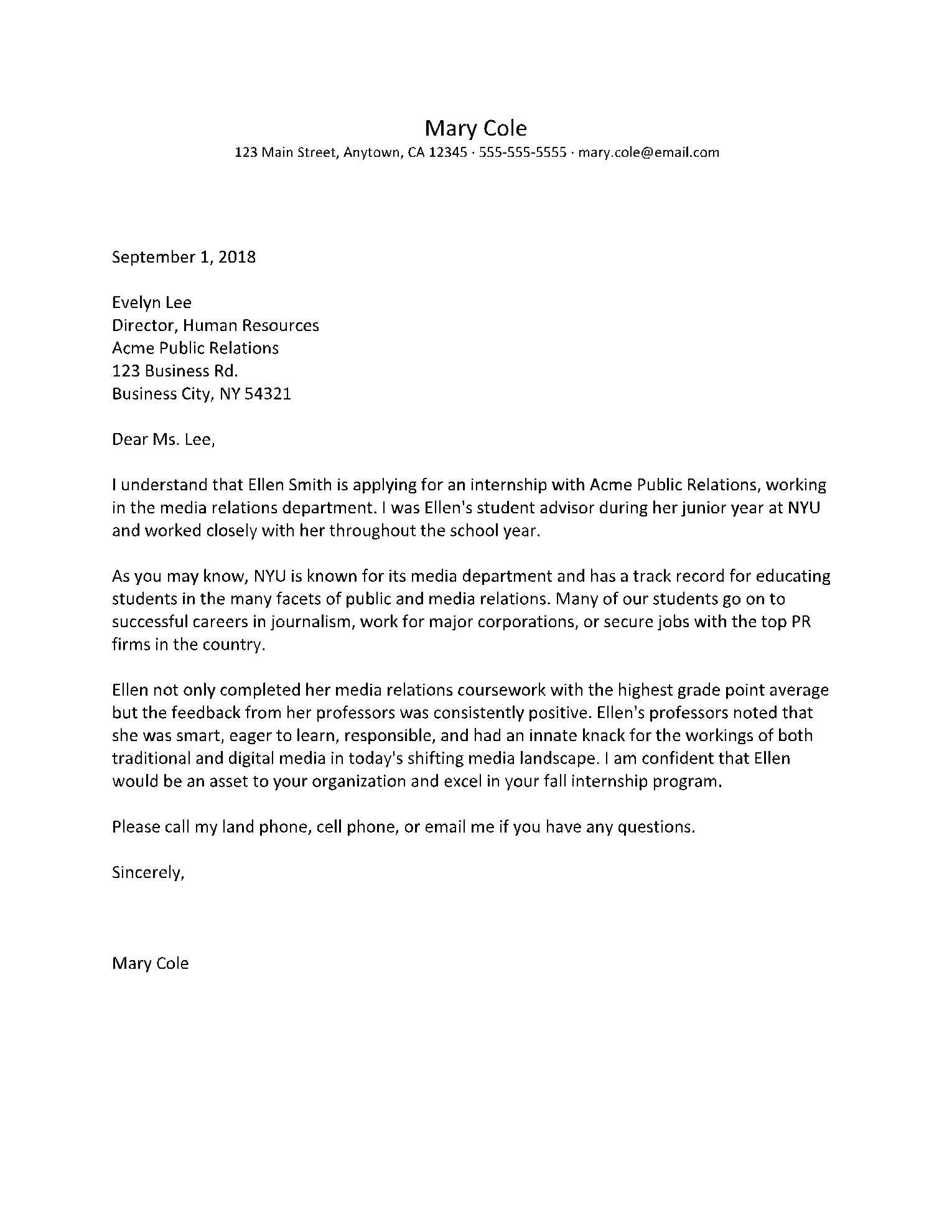 Recommendation Letter Sample For Student Internship