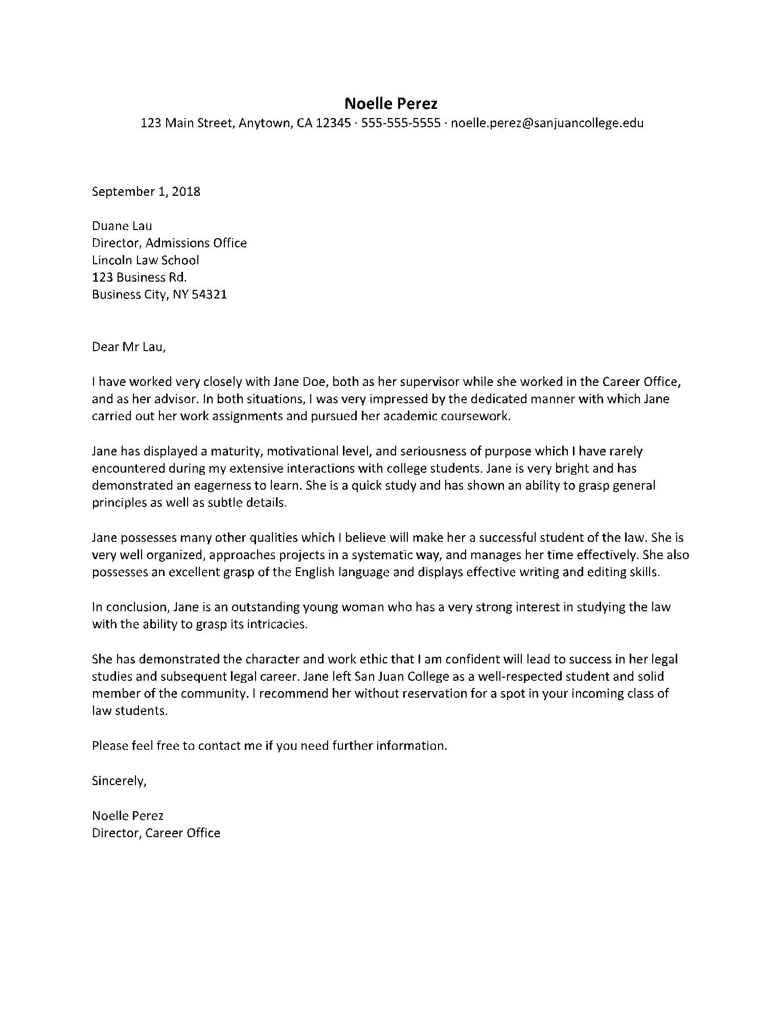 recommendation letter for student admission