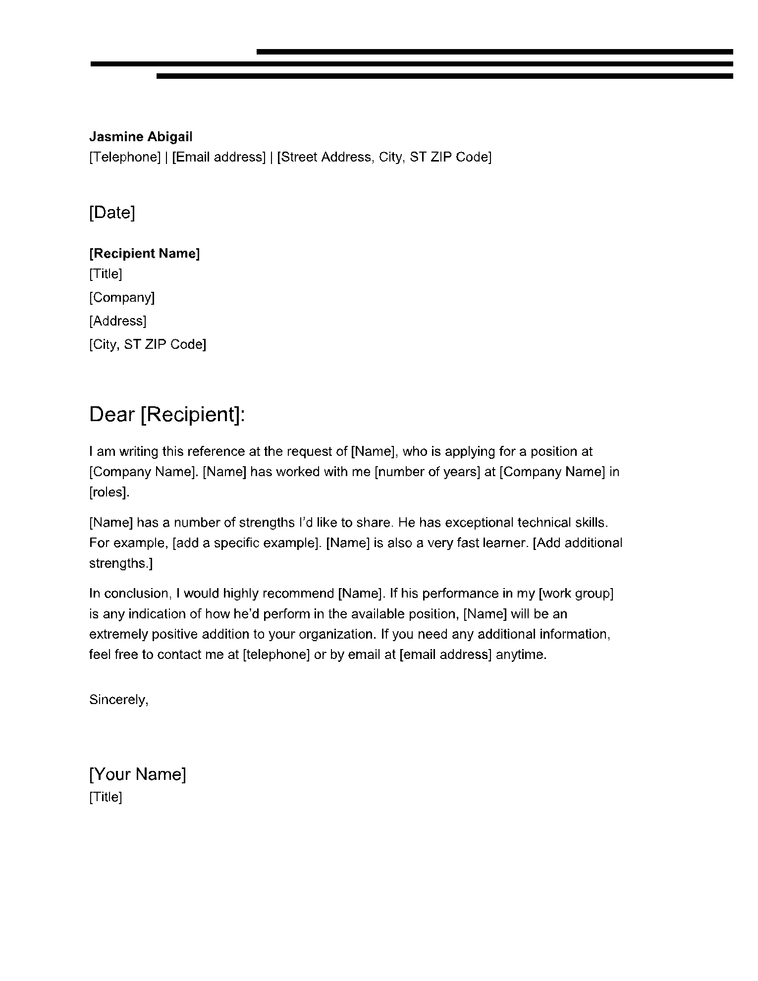 Professional Reference Letter Format - Infoupdate.org