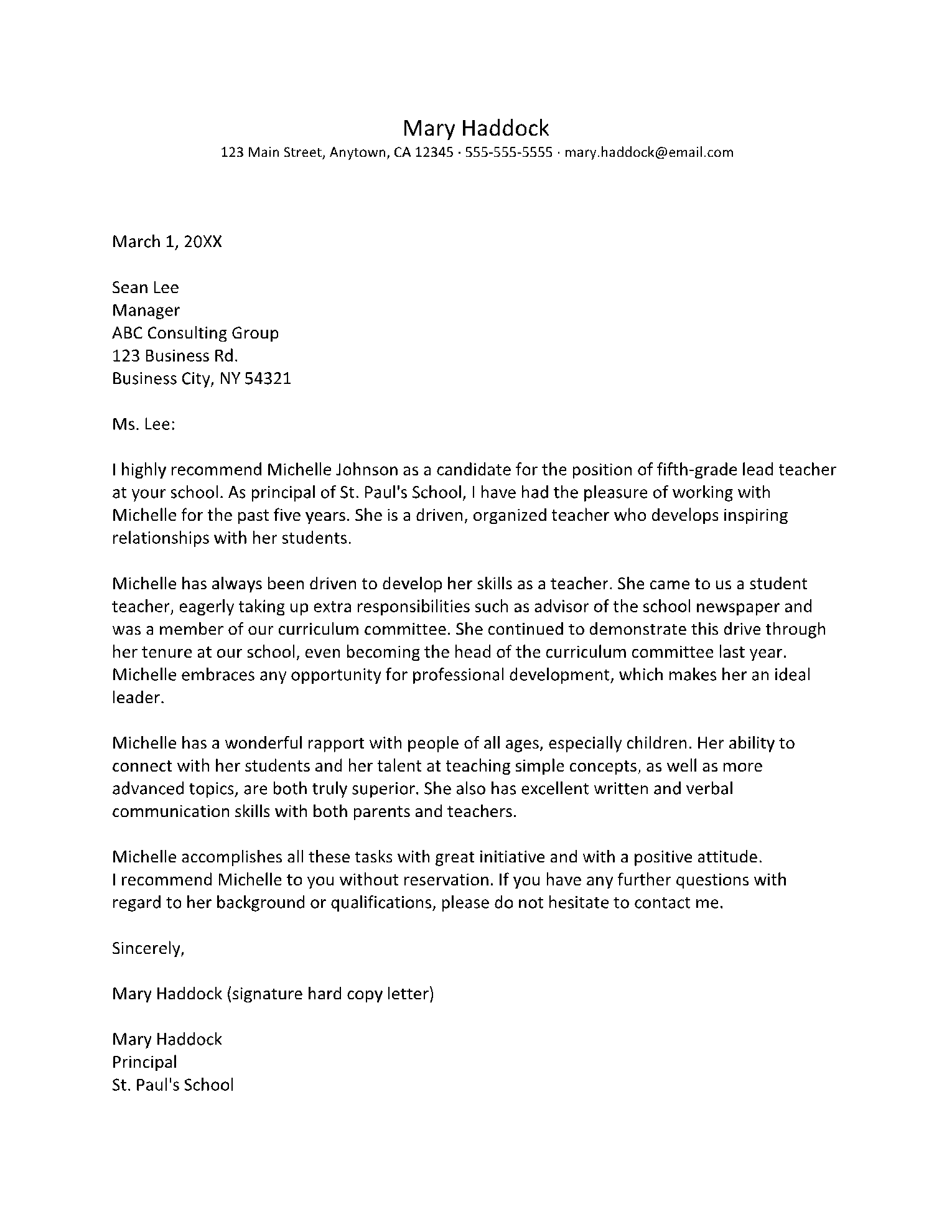 Letter of Recommendation for Teacher