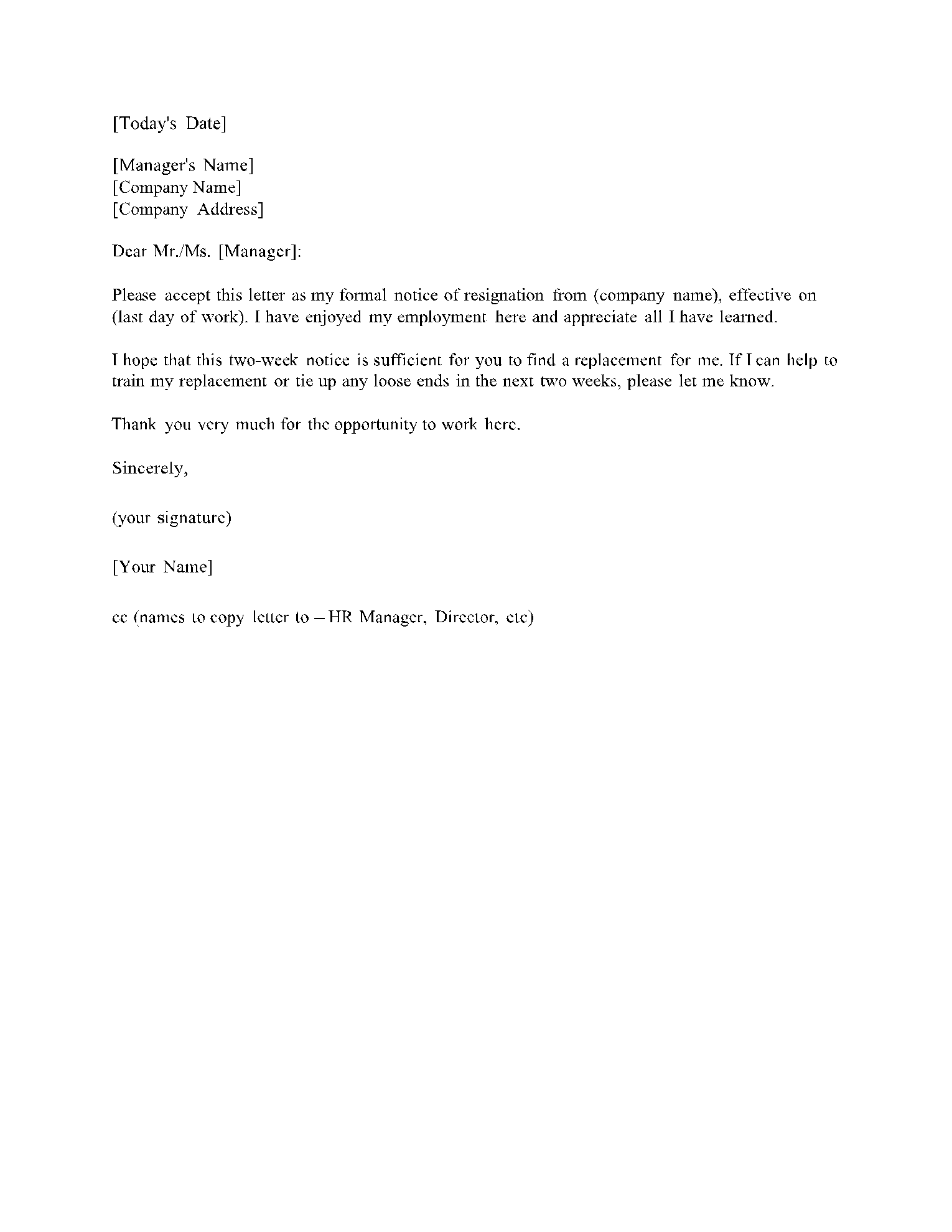 Two Weeks Notice Letter