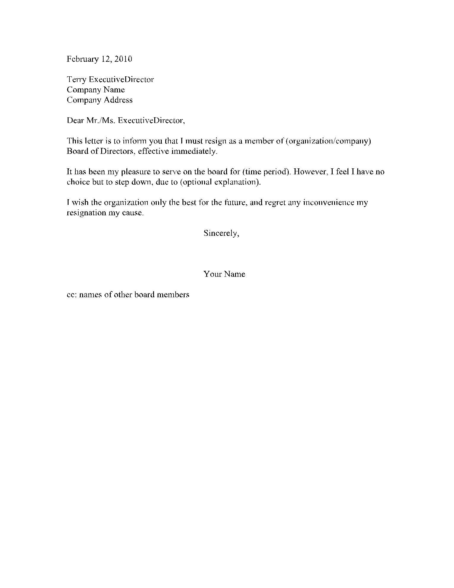 Board Resignation Letter