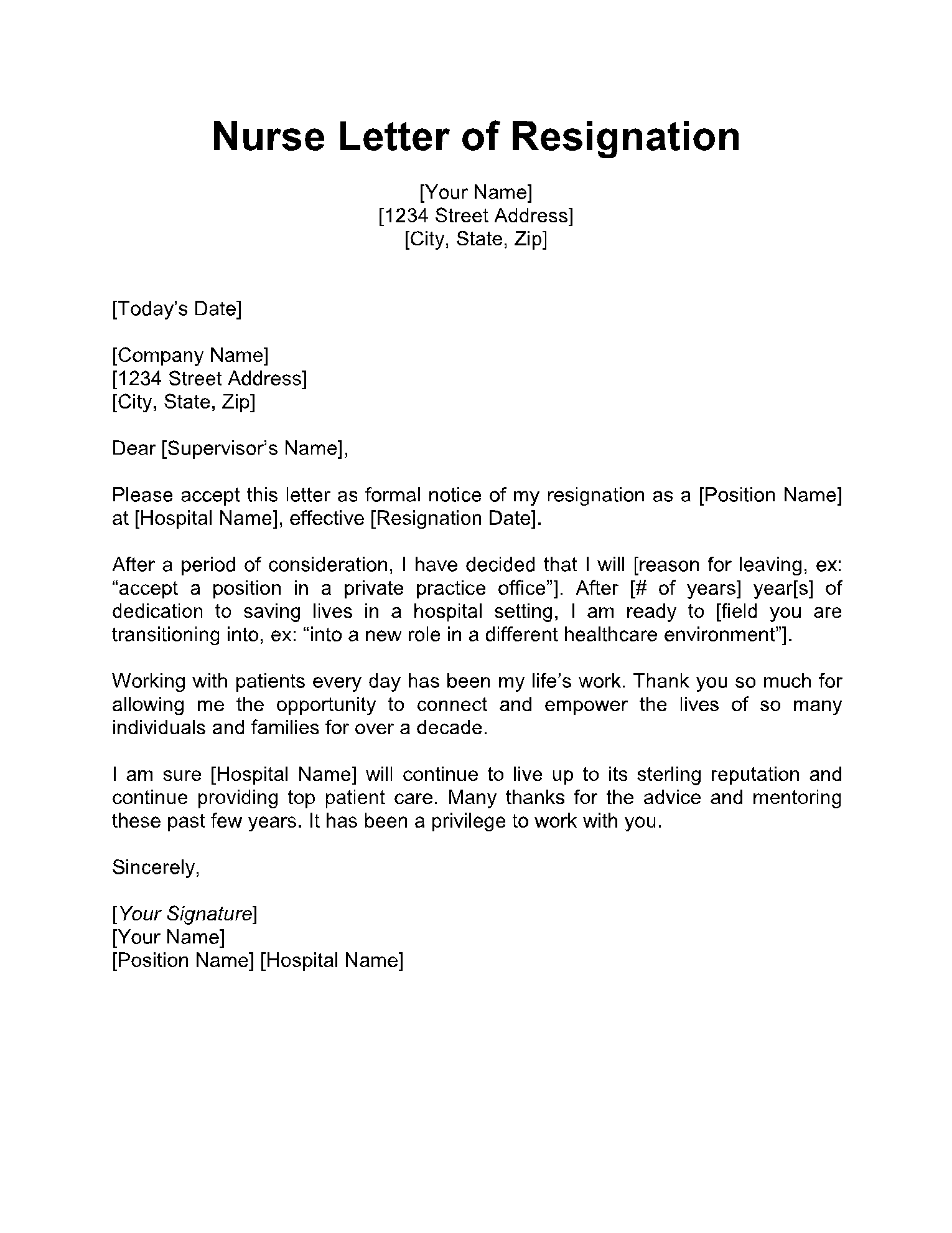 Nursing Resignation Letter