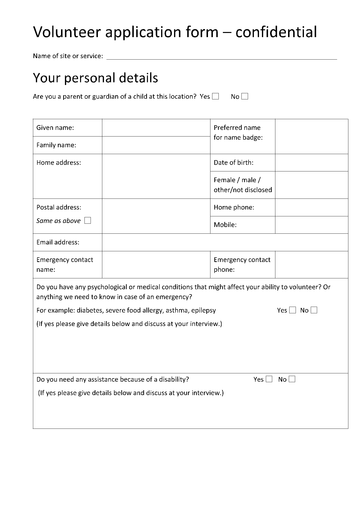 Volunteer Sign Up Sheet