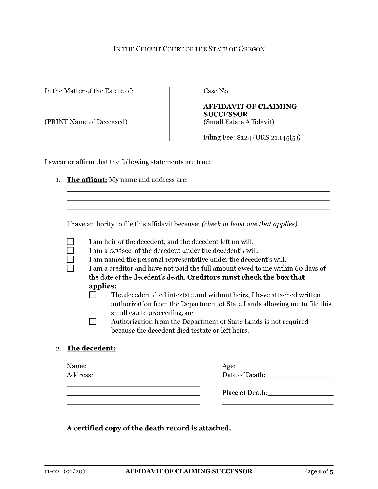 Oregon Small Estate Affidavit