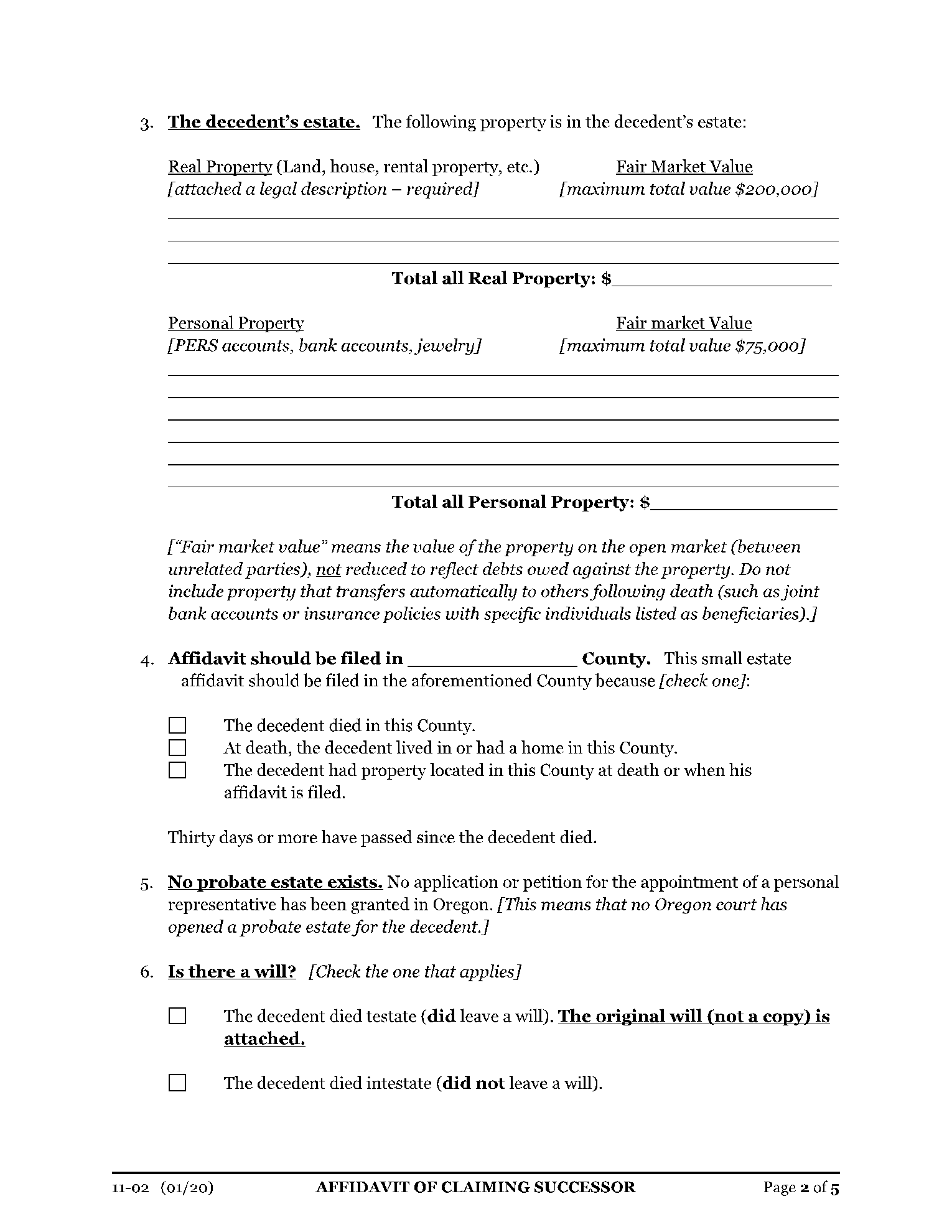 Oregon Small Estate Affidavit 2   Oregon Small Estate Affidavit Form 2 