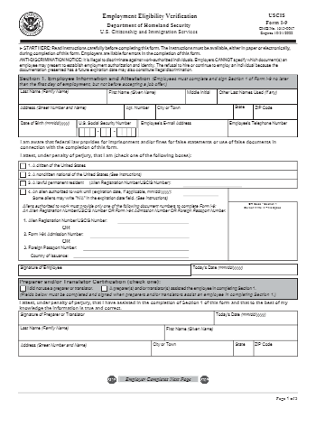 Fillable USCIS I-9 Employment Eligibility Verification Form