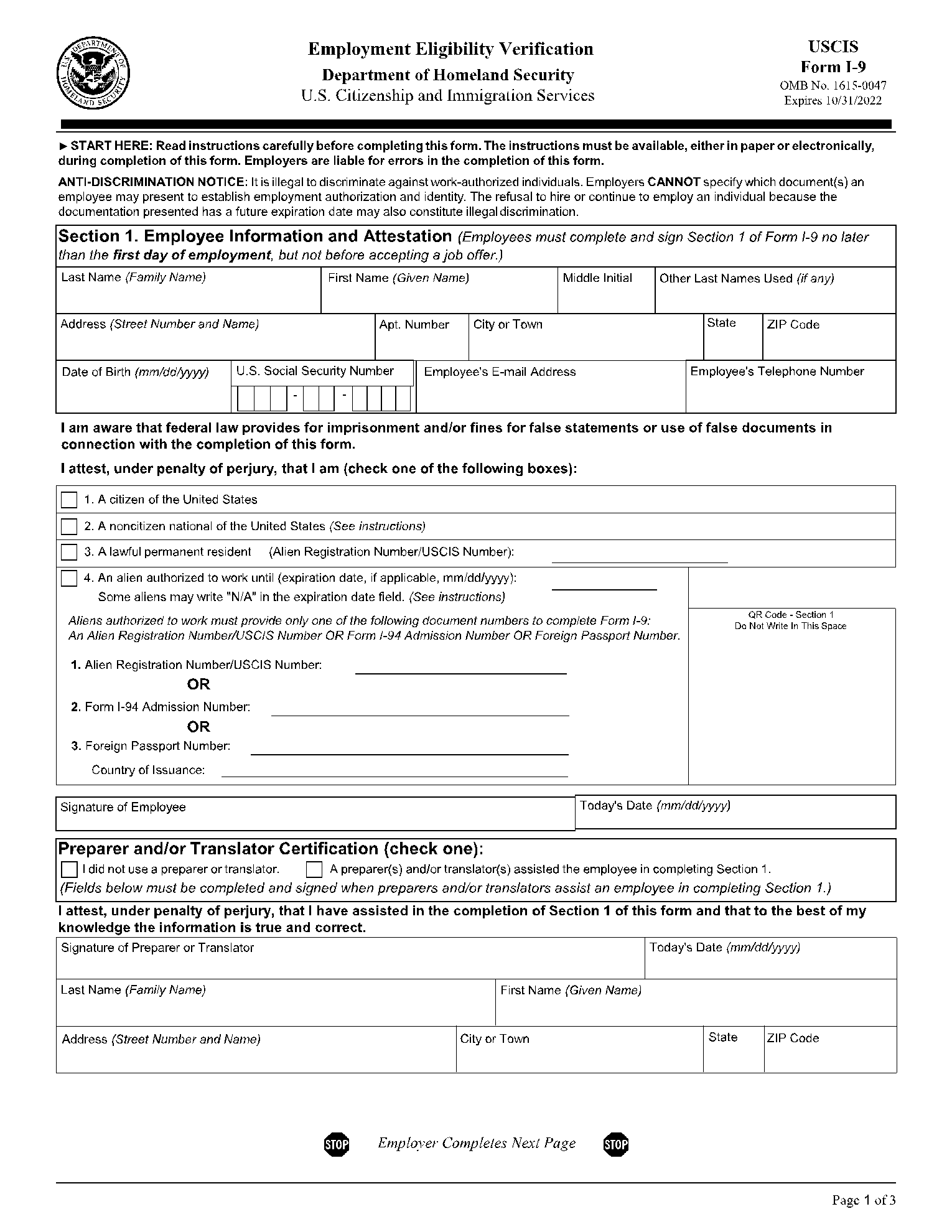 I-9 Form PDF 1