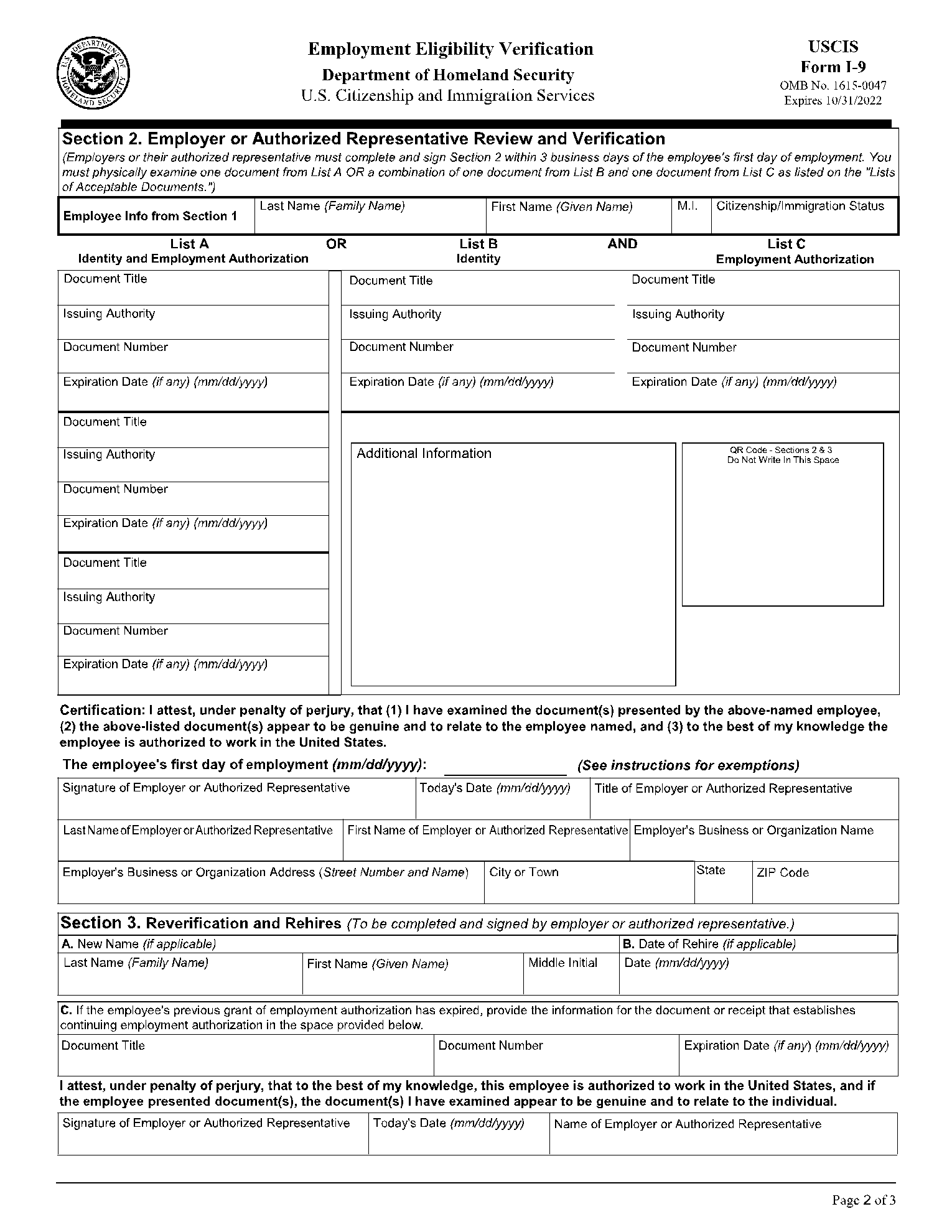 Fillable USCIS I9 Employment Eligibility Verification Form